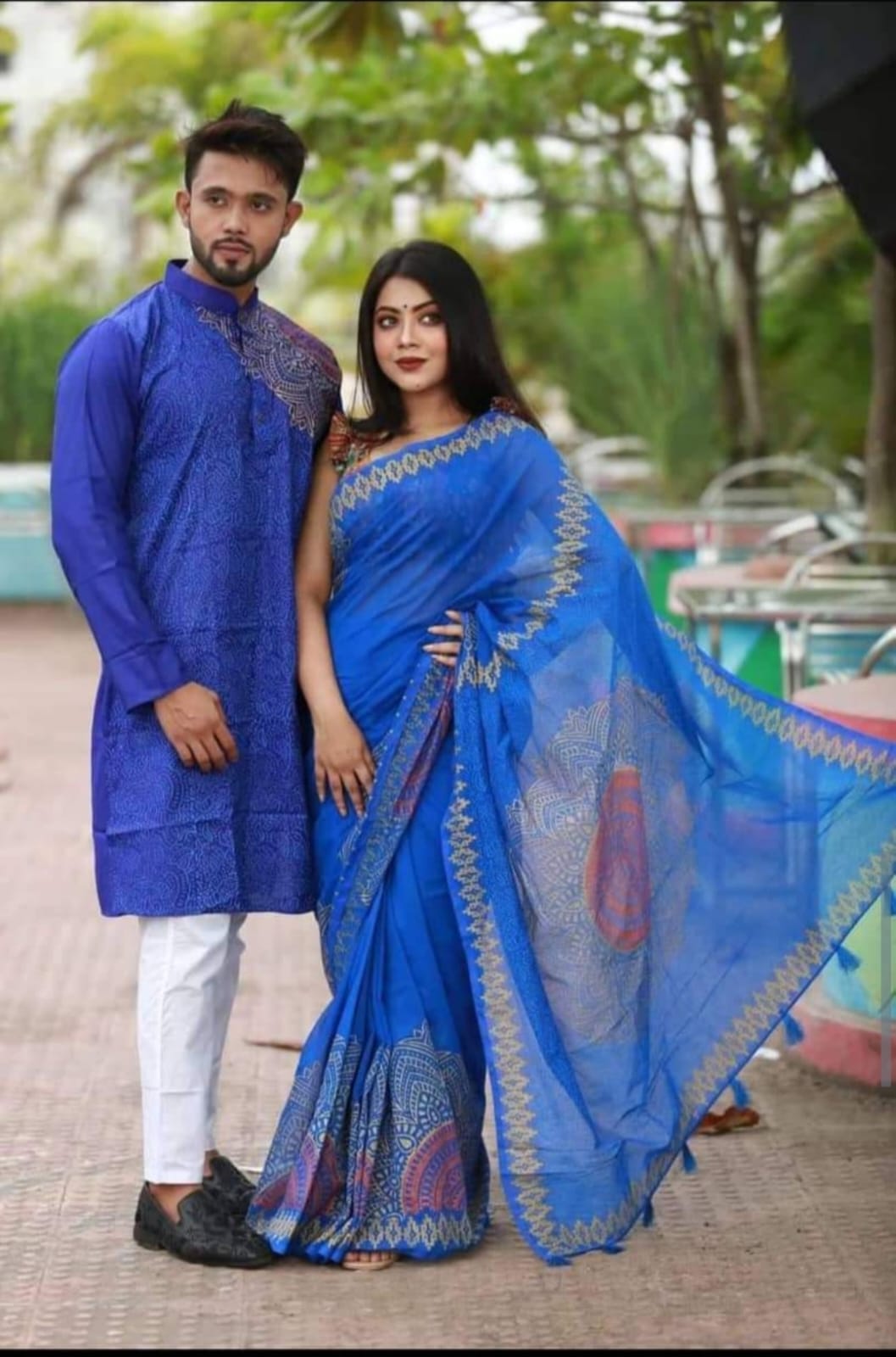 Dupian Half Silk Hand Print Couple Set Saree and Punjabi